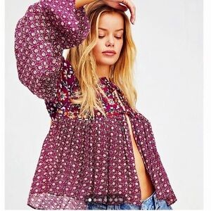 Free People Floral Embellished Purple tie Top